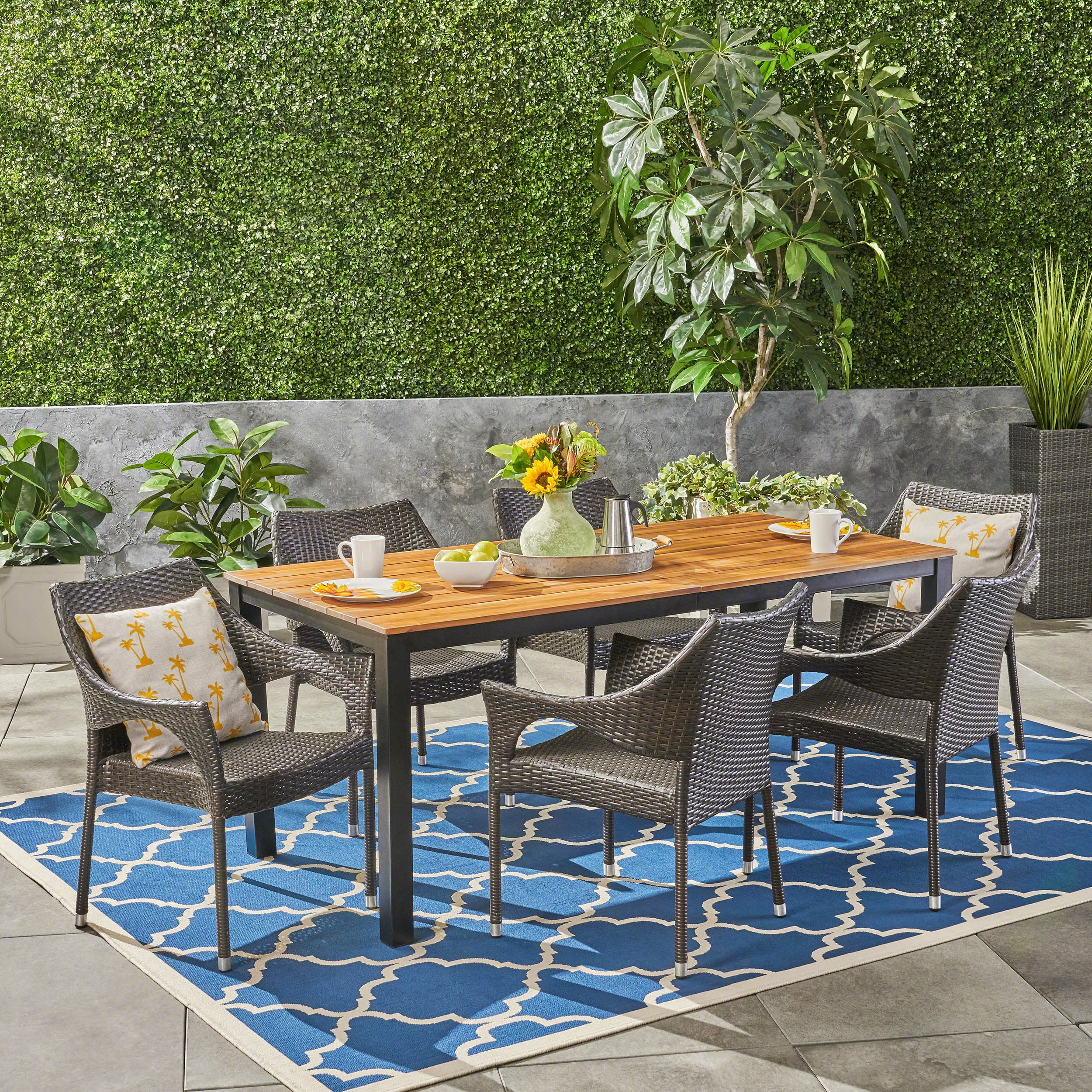 Avery Outdoor 7 Piece Acacia Wood Dining Set with Stacking Wicker Chairs, Teak Finish