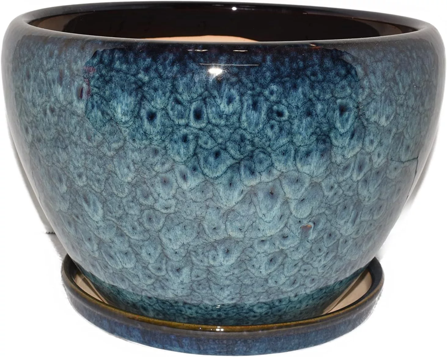 New Cobalt & Aqua Color Reactive Glaze belly Planter Plant & Saucer, Blue, 6.5