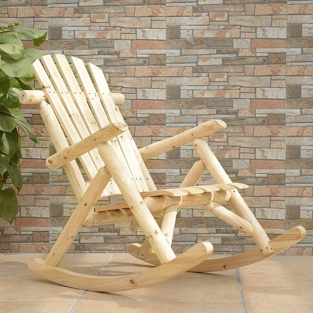 Log Rocking Chair Wood Single Porch Rocker Lounge Patio Deck Furniture Natural Garden Chair