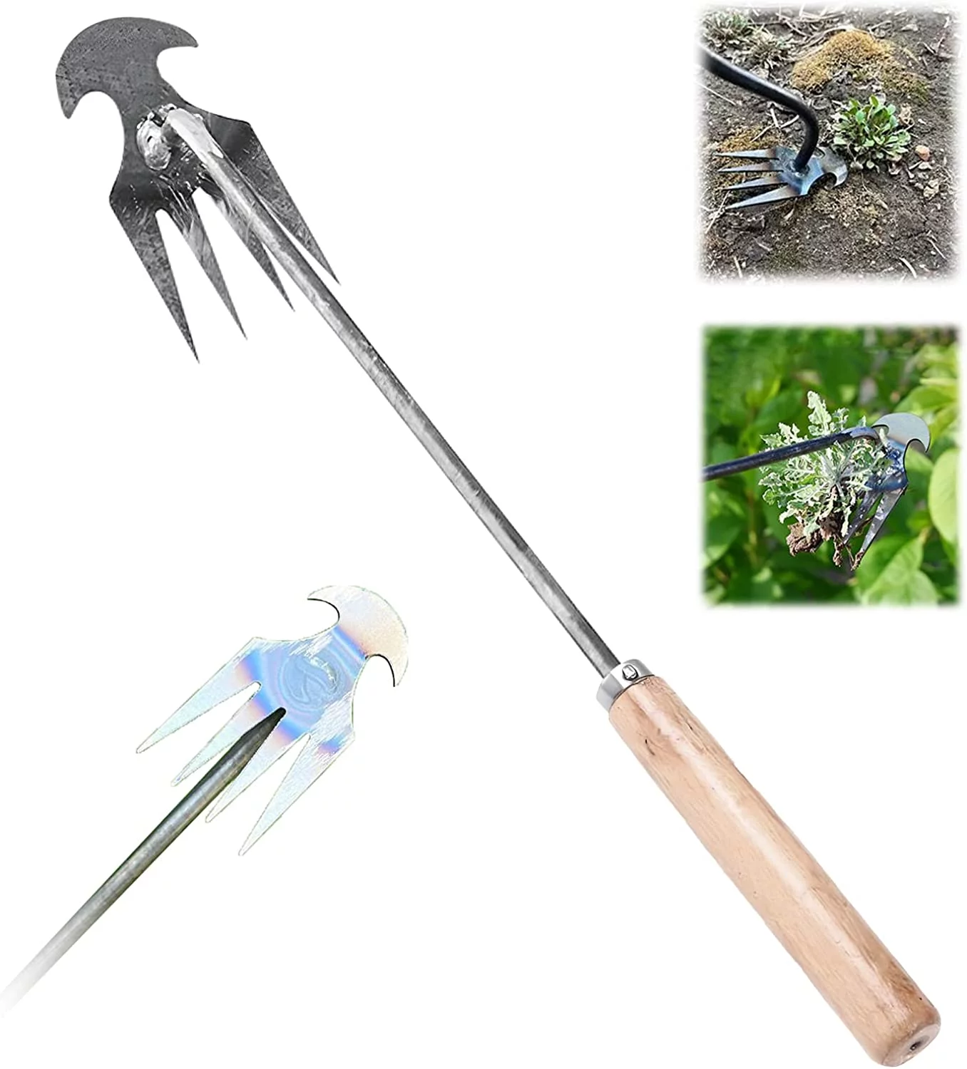 MAVLLY Weeding Artifact Uprooting Weeding Tool, Garden Weeding Tools, Manganese Steel Forged Weed Puller 4 Teeth Dual Purpose Weeder, High Strength Hand Remover Tool for Garden (12 Inch Wooden Handle)