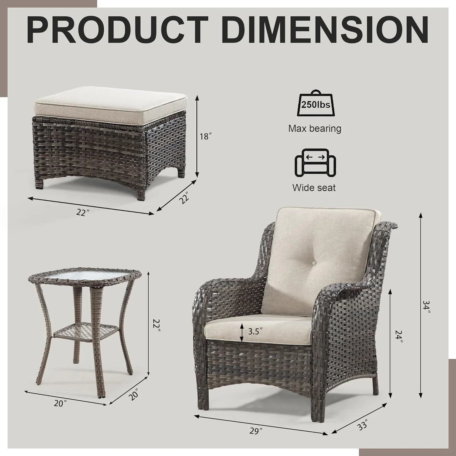 5 Pieces Patio Conversation Set, Two Wicker Chairs, A Side Table and Two Ottomans with 3.5-inch Seat Cushions for Backyard, Balcony and Deck, Beige