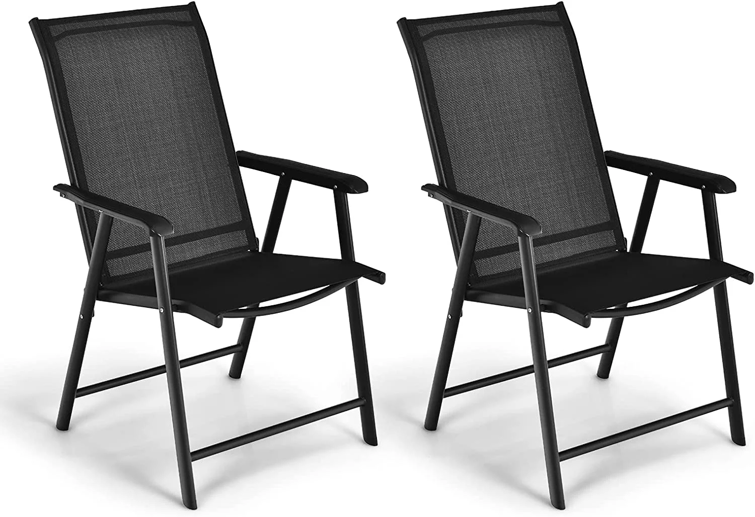 Giantex Set of 2 Patio Folding Chairs, Outdoor Chairs with Armrest, Portable Dining Chairs for Porch Camping Pool Beach Deck Lawn Garden, 2-Pack Patio Sling Chairs, Metal Frame, Black