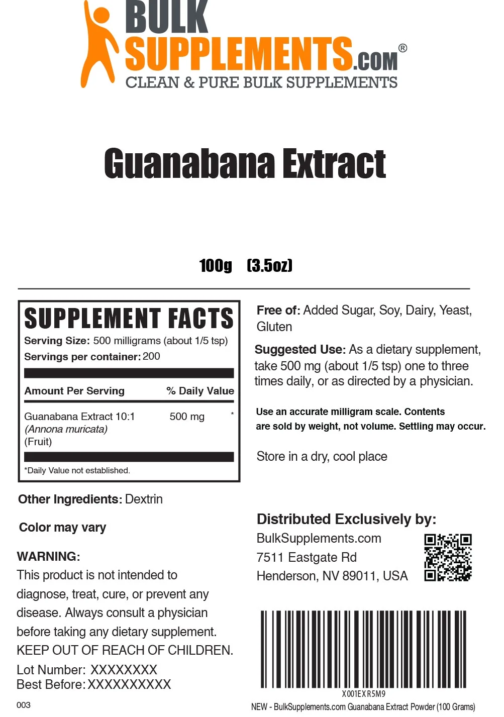 BulkSupplements.com Guanabana (Soursop) Extract Powder 500mg - Fruit Powder (100 Grams)