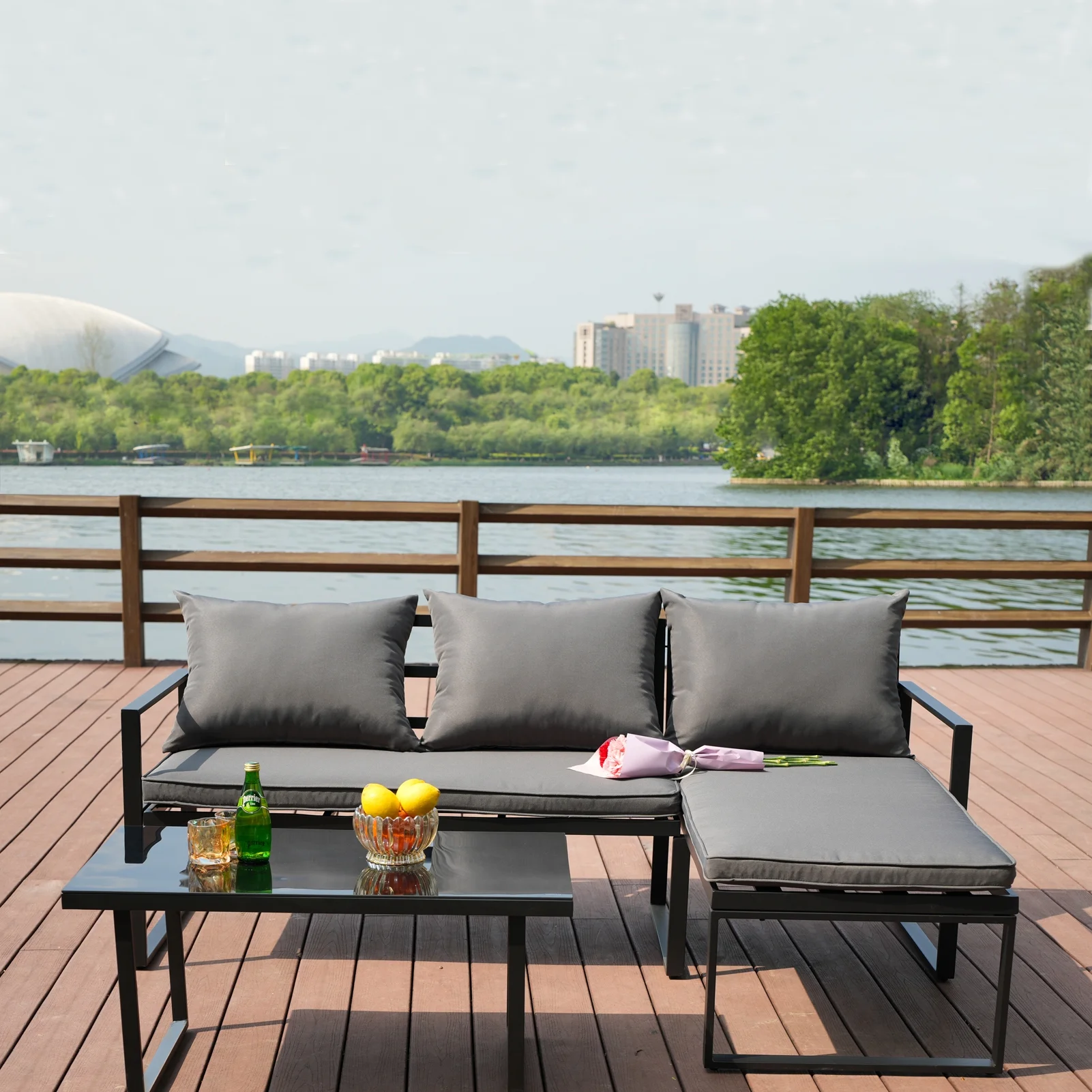 Outdoor Patio Furniture Set, Left L-Shaped Sofa Set,All-Weather Patio Conversation Set for Outdoor Indoor Balcony Porch Swimming Pool,with Gray Cushions and Black Glass Coffee Table