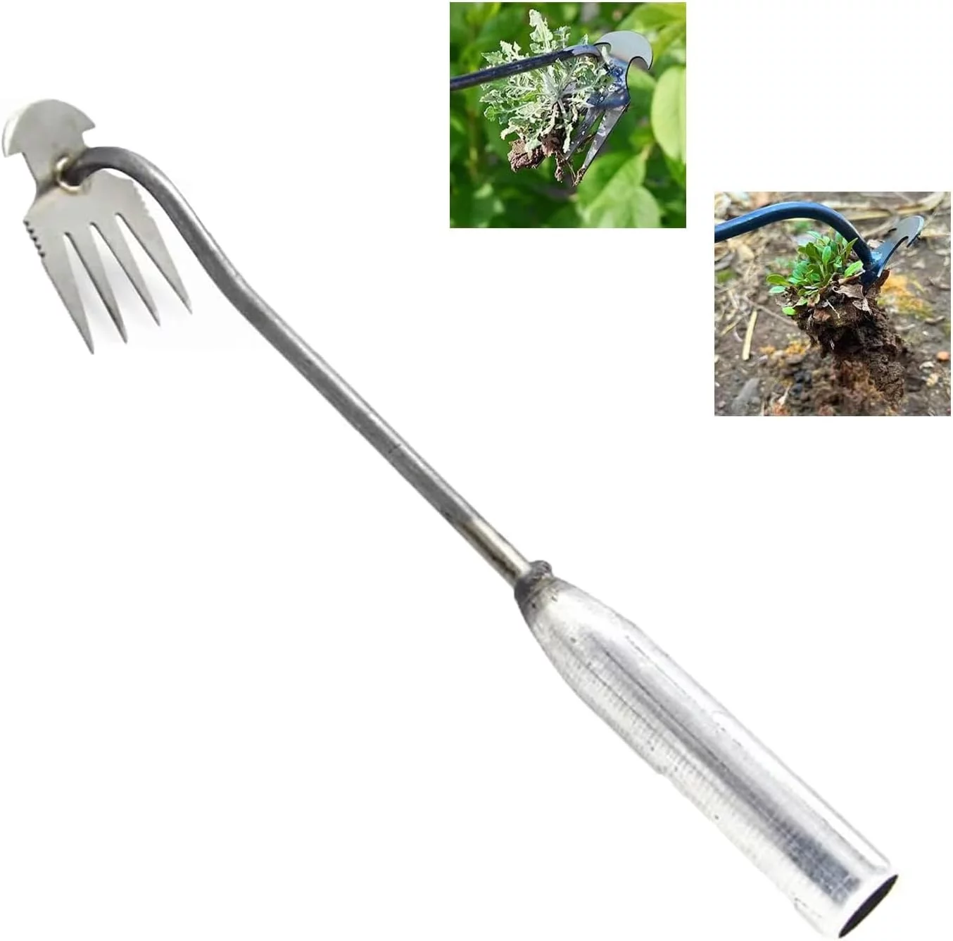 GeSHOP New Weeding Artifact Uprooting Weeding Tool, Hand Weeder Tool Manganese Steel Forged Weed Puller, 4 Teeth Dual Purpose Weeder for Garden Yard Farm Weed Removal (B-20'' Iron Handle)