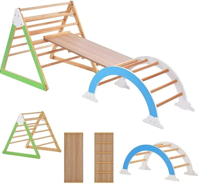 Indoor Climbing Triangle Ladder, 5 in 1 Wooden Climbing Gym and Climbing Arch Wood Playground, Montessori Climbing Children Gym Toys from 3 Years Old