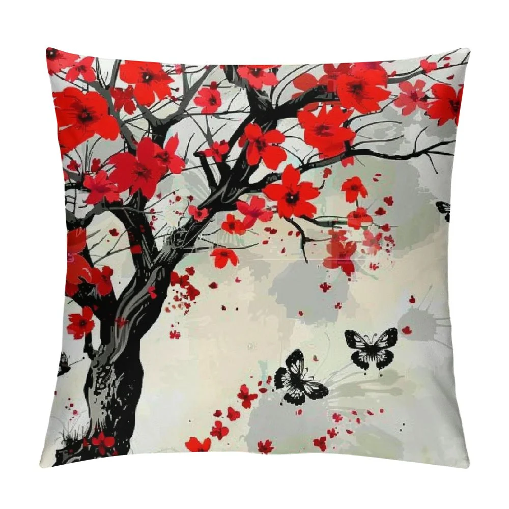Chilfamy Plum Blossom Floral Throw Pillow Cover Cases Branch Foliage Butterfly Cherry Japanese Blossom Ink China Culture Classic Outdoor Decor Pillowcase Home Square White