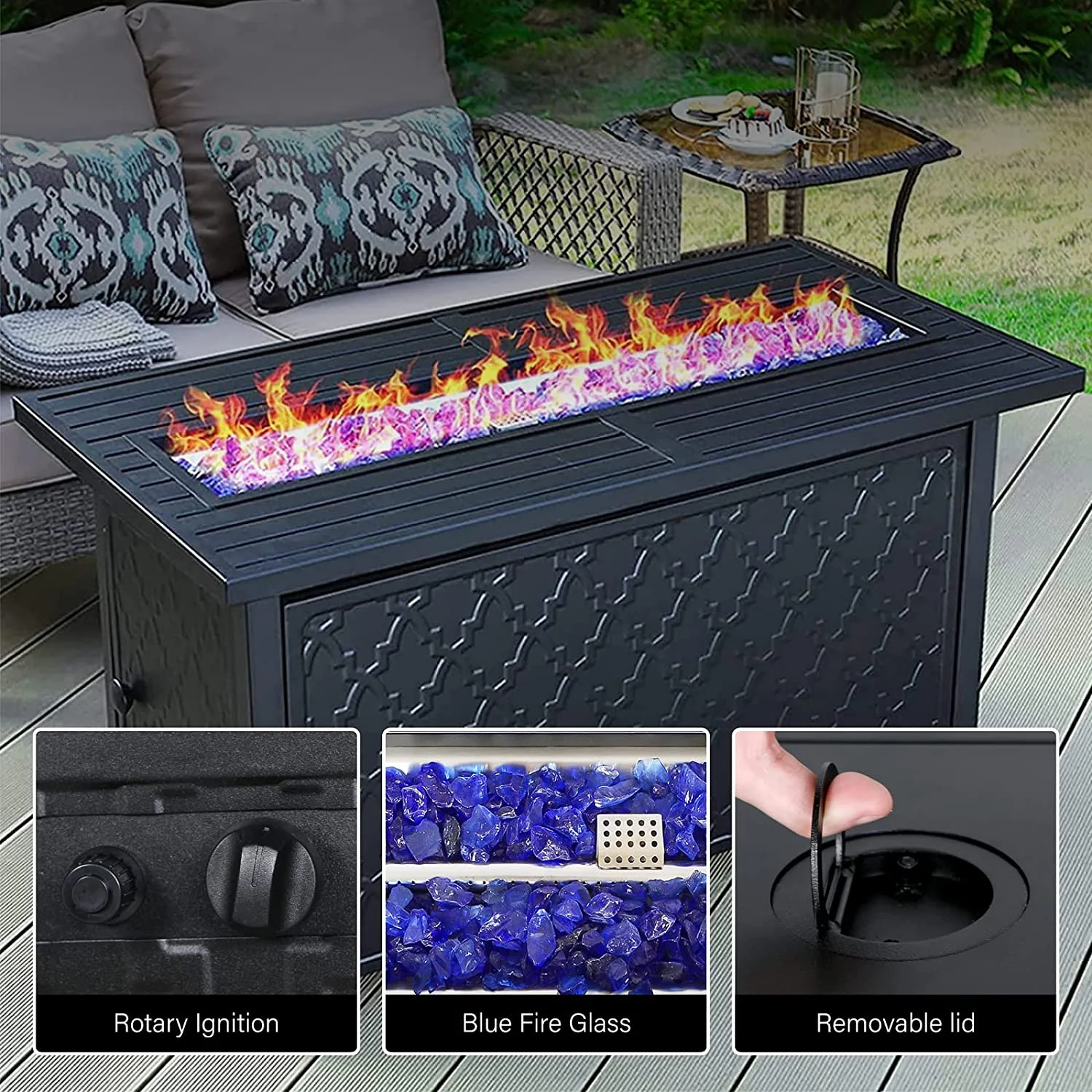 8 Pieces Patio Furniture Set with 45" Plate Embossing Propane Fire Table Outdoor PE Rattan Sectional Sofa Set Patio Gas Fire Pit Conversation Set with Blue Cushions & Glass Table