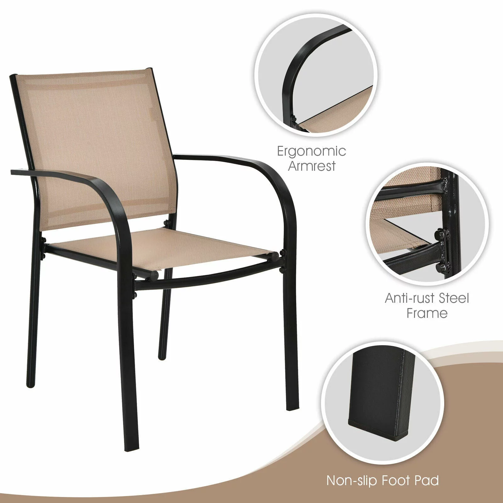 Brown Set of 2 Patio Dining Chairs Stackable with Armrests Garden Deck