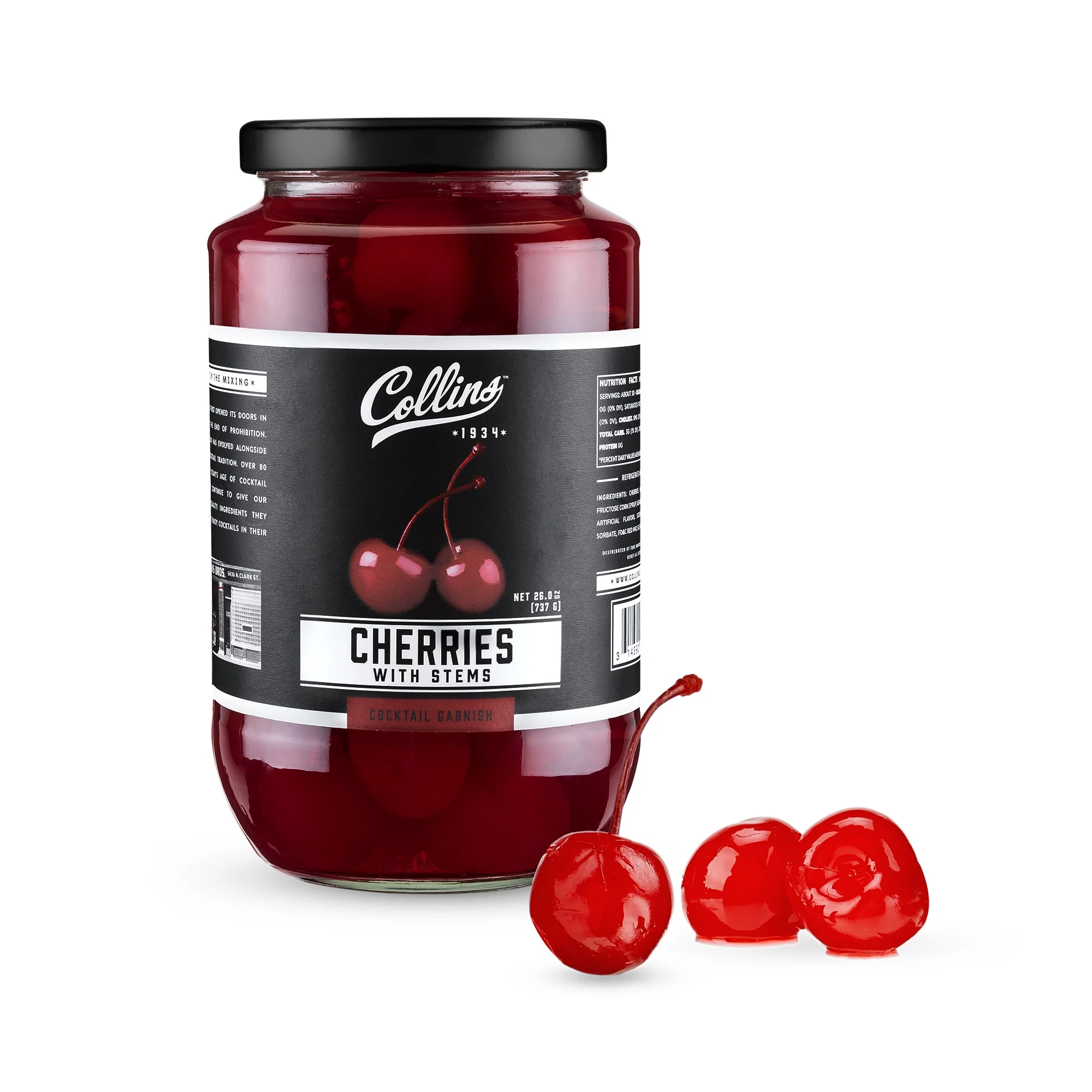 Collins Stemmed Maraschino Cocktail Cherries | Royal Anne Cherries Garnish for Cocktails, Manhattan, Old Fashioned, 26oz