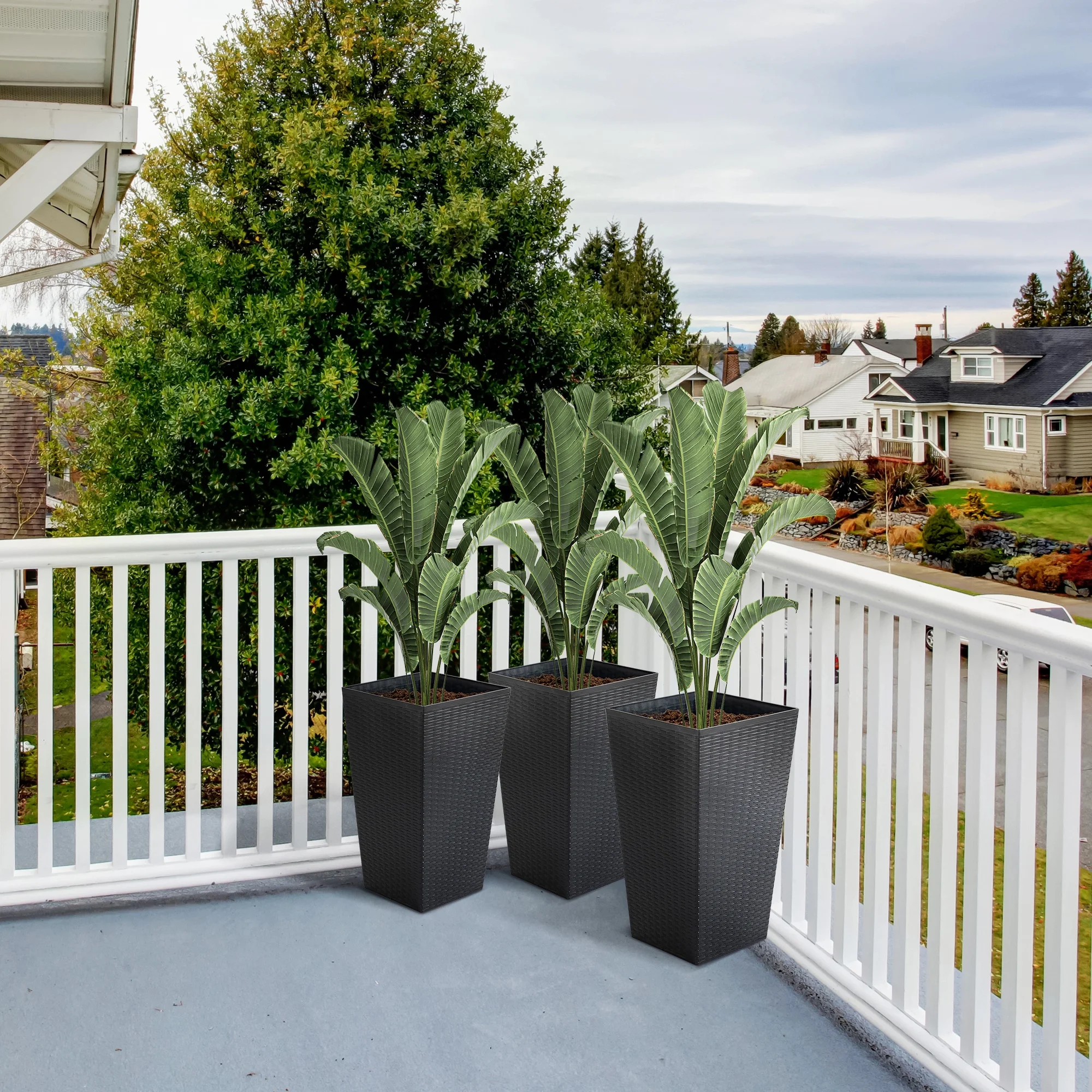CoSoTower Set of 3 Tall Planters with Drainage Hole, Outdoor Flower Pots, Indoor Planters for Porch, Front Door, Entryway, Patio and Deck, Black