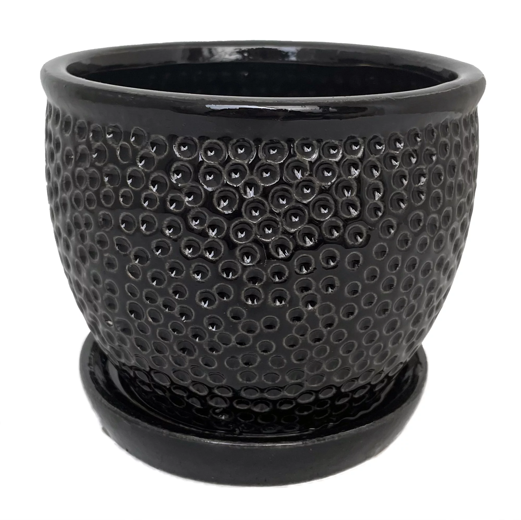 Pebble Black Ceramic Pot with Attached Saucer - 5.5