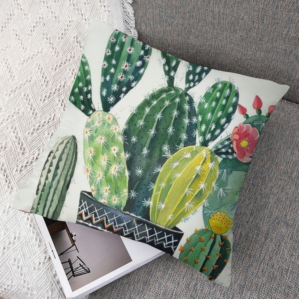 OBREWY Cactus Red and Yellow Flowers Pot Cactus Boho Tropical Green Plant Pillow Case Set of 2 White