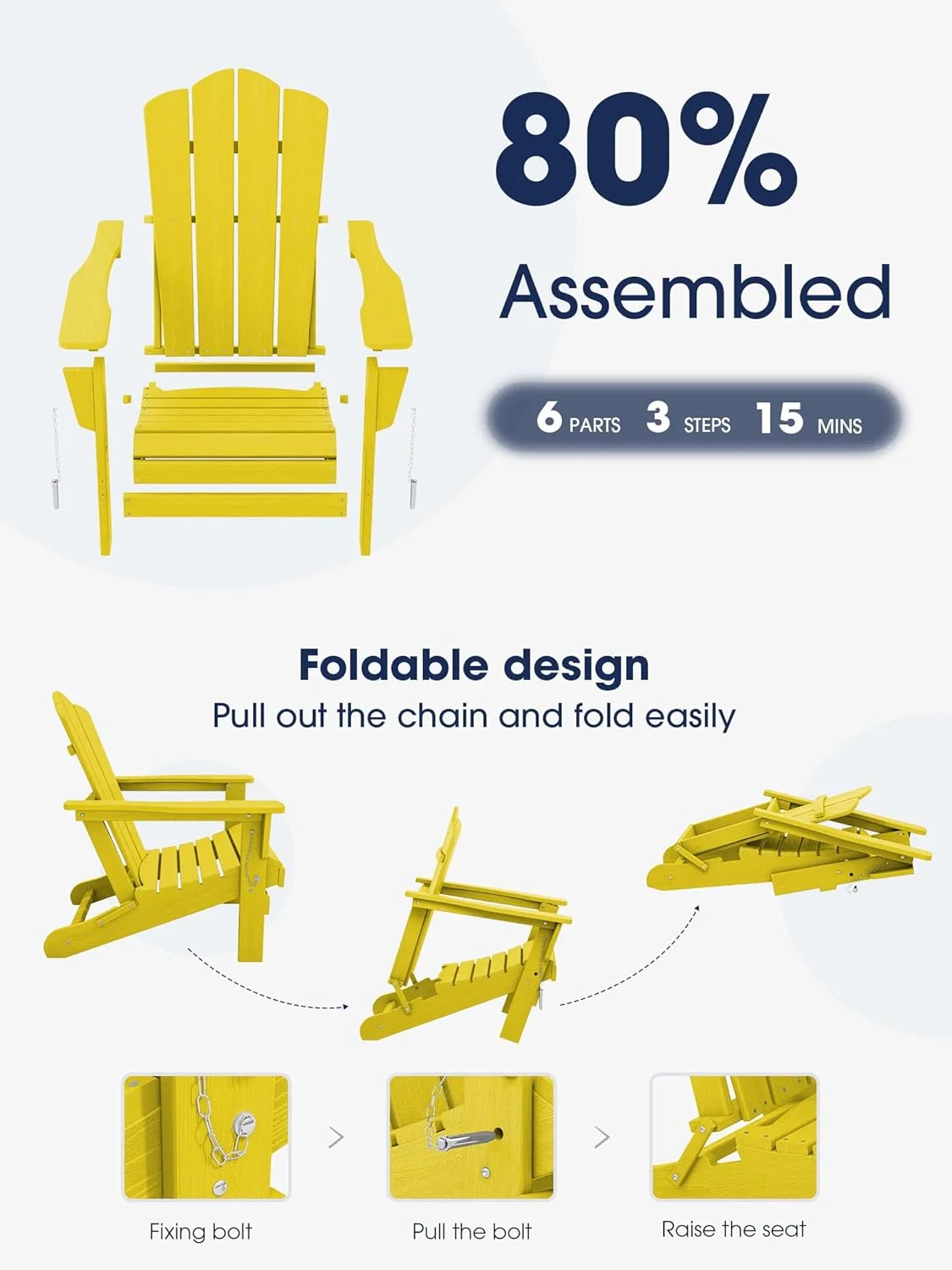 KINGYES Folding Adirondack Chair Set of 8, HDPE All-Weather Folding Adirondack Chair, Yellow