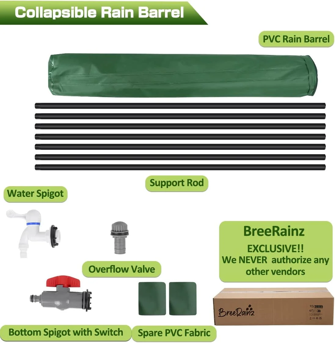 100 Gallon Collapsible Rain Barrel with Spigots, 100 Gal Foldable Rainwater Barrel, Rain Water Barrel Collector for Downspout, with Filter Overflow Valve Kit (Green)