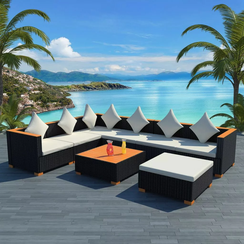 Andoer 8 Piece Garden Set with Cushions Poly Rattan Black