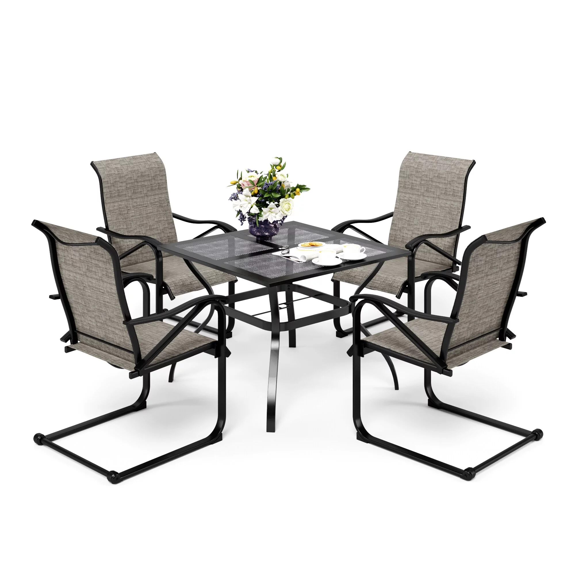 PHI VILLA 5-Piece Patio Furniture Dining Set, with 4 C Spring Motion Textilene Metal Chairs and Steel Table with Umbrella Hole
