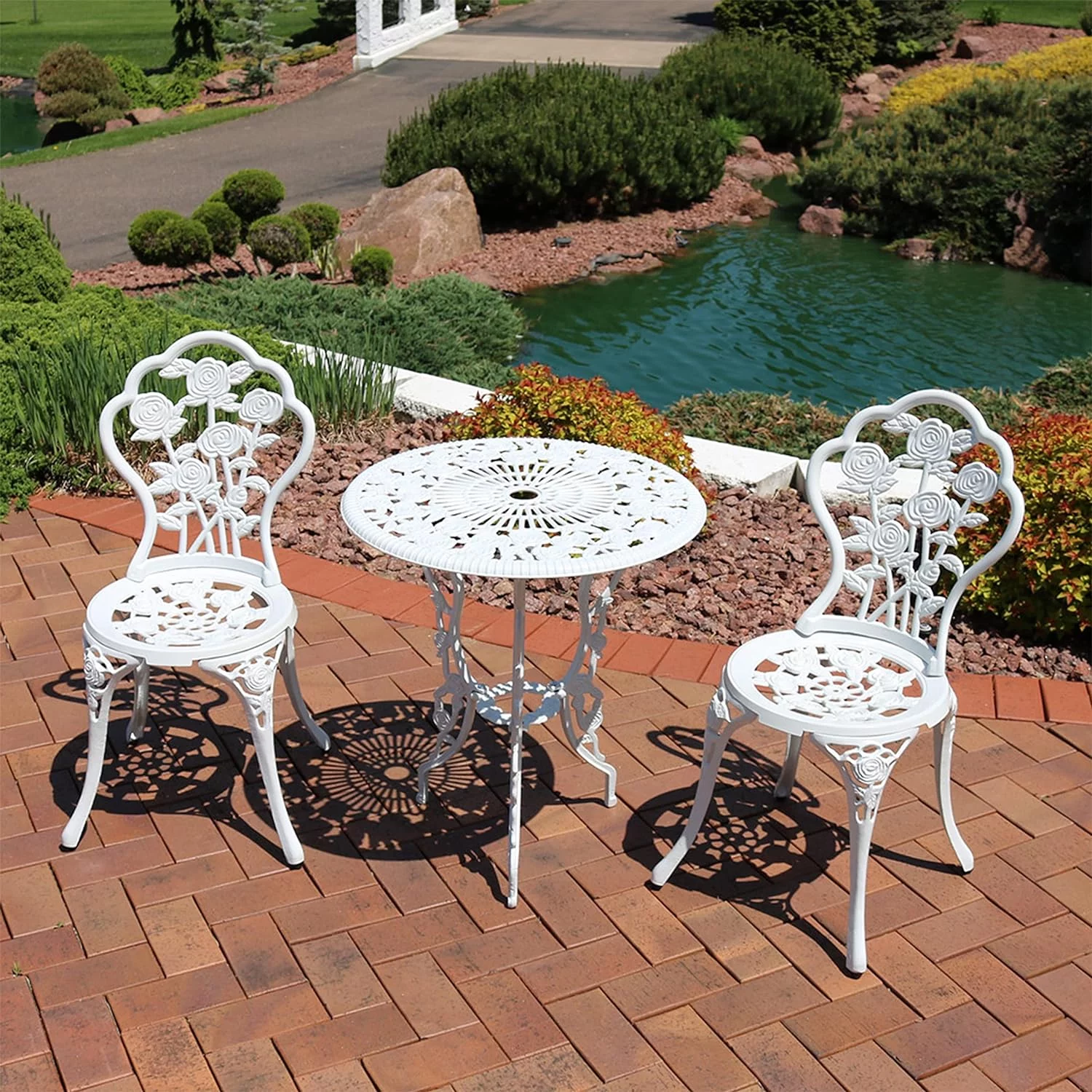 Flower Designed Bistro Table Set With 2 Chairs, Outdoor Cast Aluminum, White