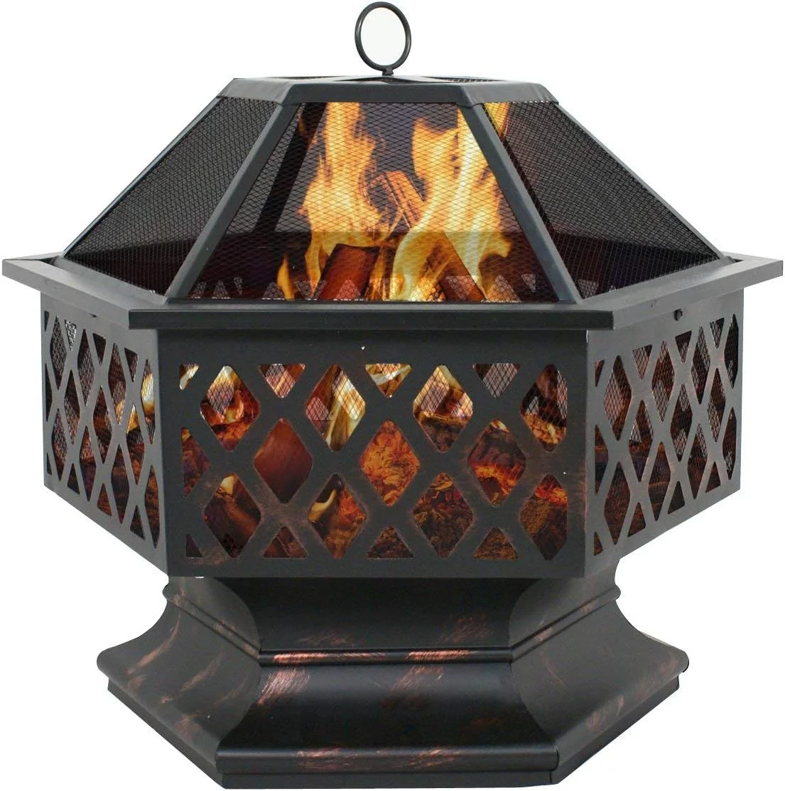 Hex Shaped Fire Pit Wood Burning Fireplace Firepit Bowl with Spark Screen Cover Patio Backyard Heater Steel 24
