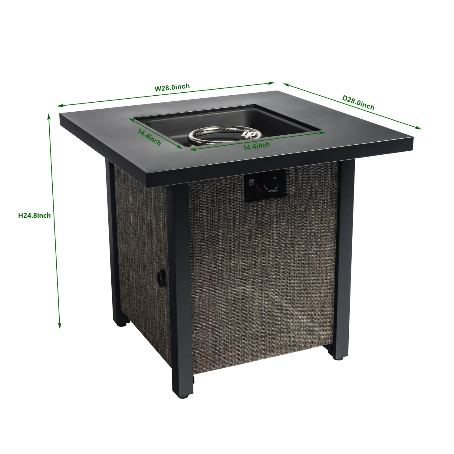40000BTU Square Propane Fire Pit Table Steel Tabletop with Textilene Side Panel  Steel Lid and Rocks