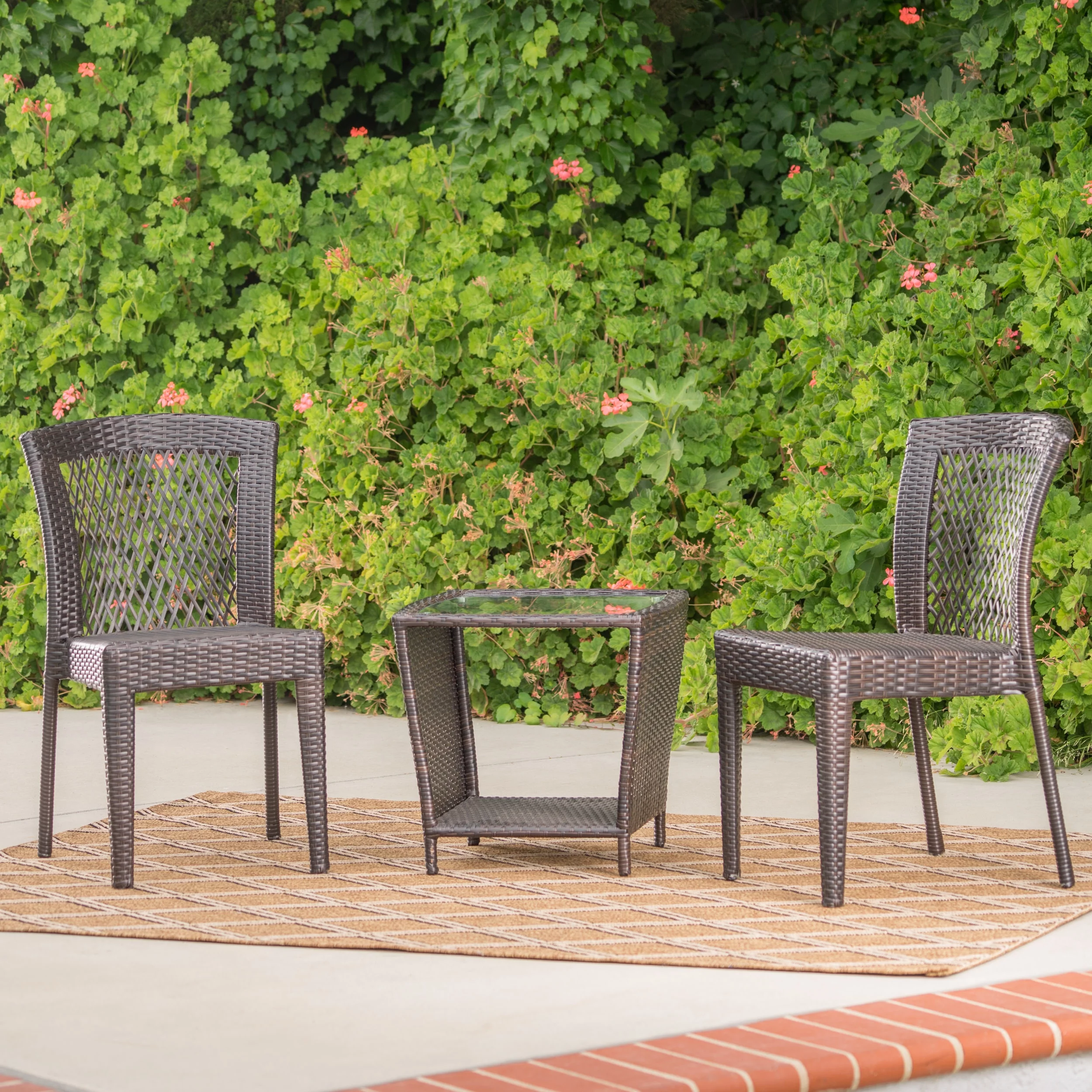 Corey Outdoor 3 Piece Wicker Stacking Chair Chat Set, Multibrown