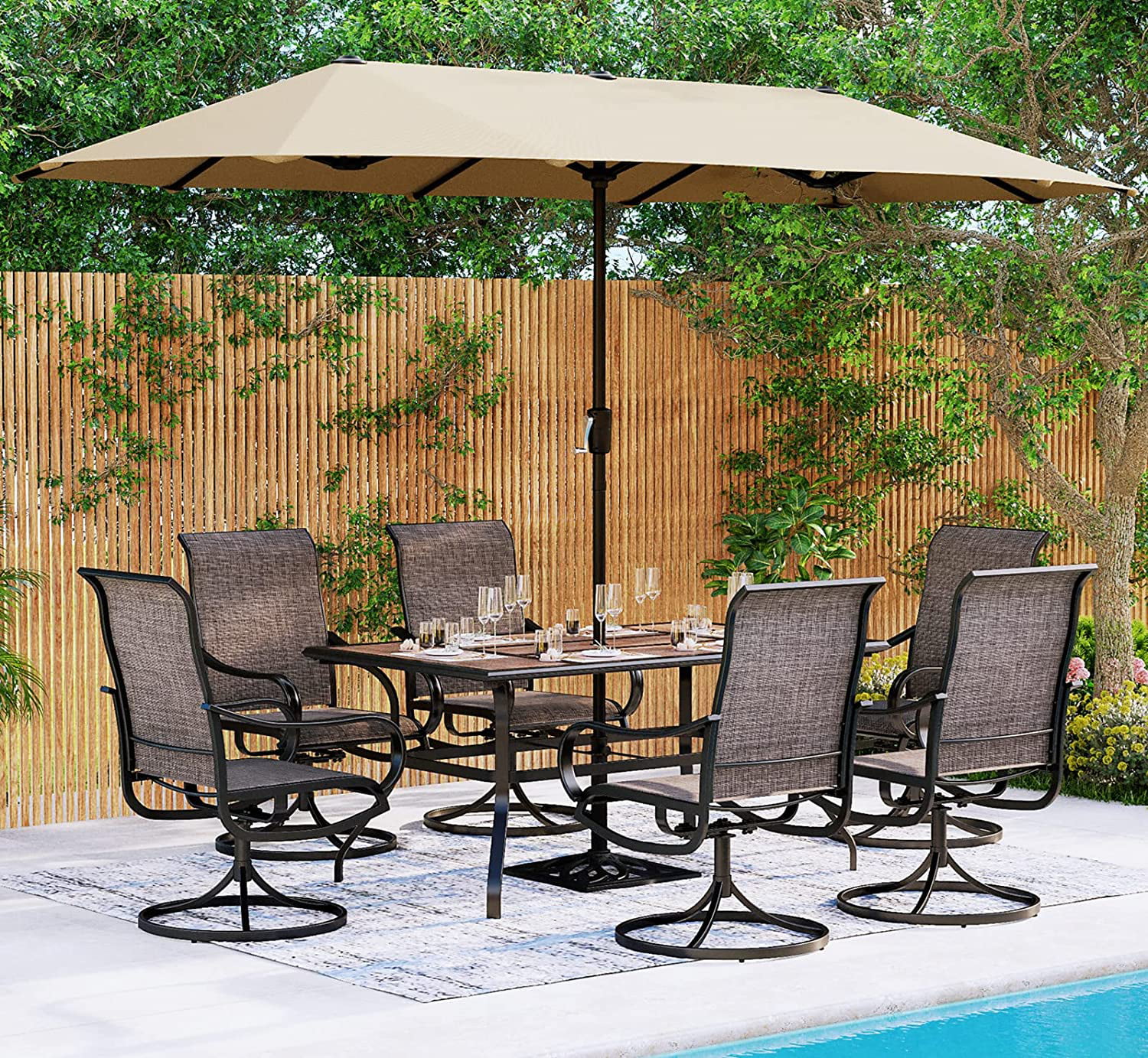 6 Pieces Outdoor Dining Set with Umbrella  Patio Furniture Set with 4 Sling Dining Swivel Chairs 1 x 37 Wood-Like Table and 1 x 10ft 3 Tiers Umbrella (Beige)