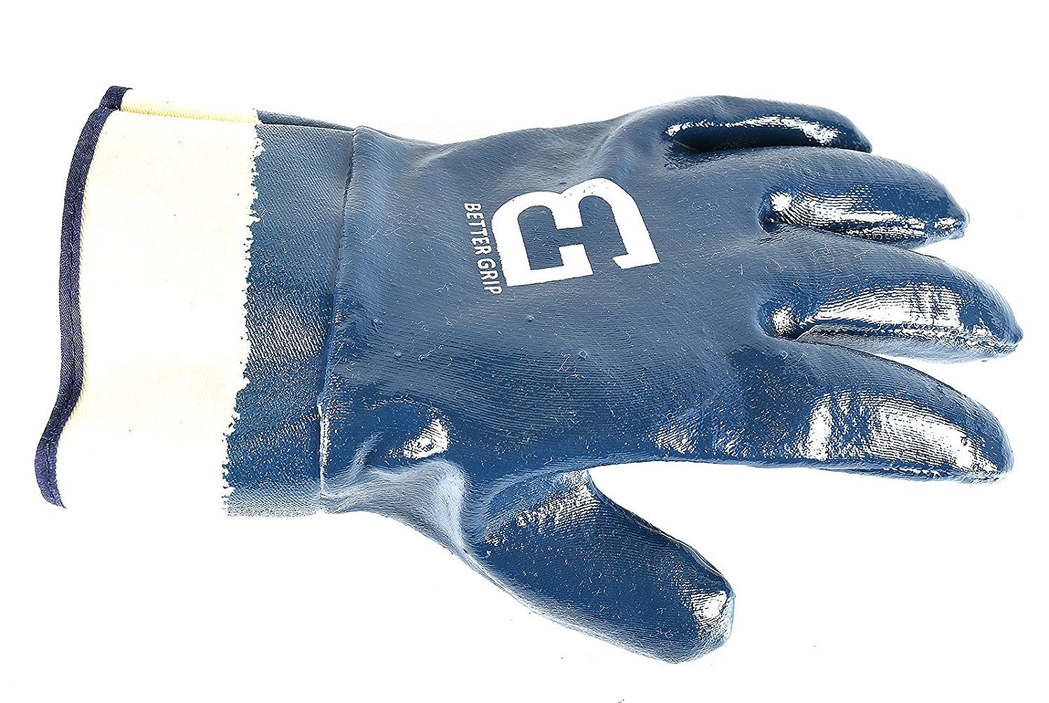Better Grip BG105NITRILE Heavy Duty Premium Nitrile Rubber Fully Coated Gloves with Safety Cuffs, Smooth, Blue, Chemical Resistant, Large- 3 Pairs