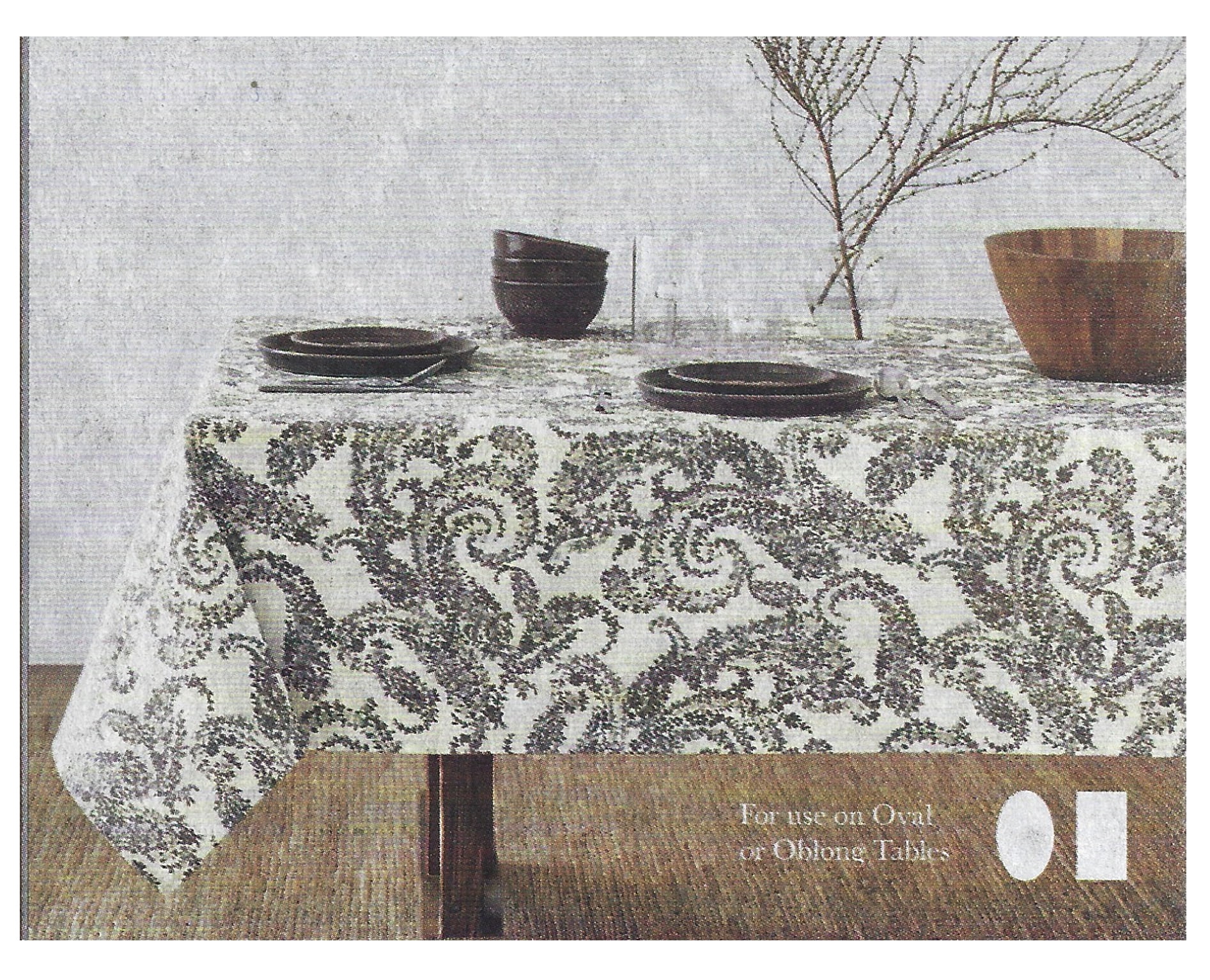 Paisley  Tablecloth 52 x 70 Rectangle Laminated Grey Off-White Fabric Bee Willow