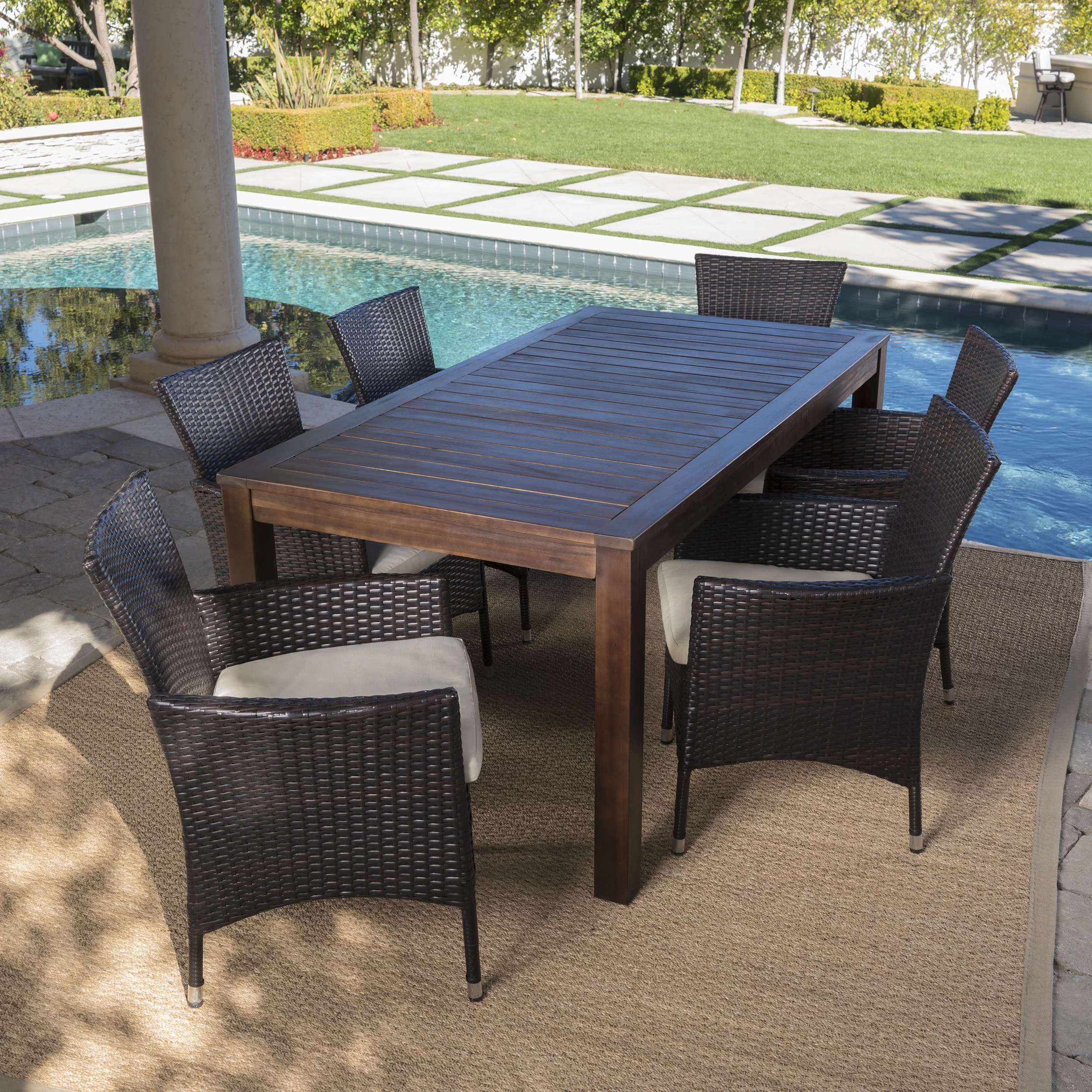 Taft Outdoor 7 Piece Wicker and Wood Dining Set with Water Resistant Cushions, Beige