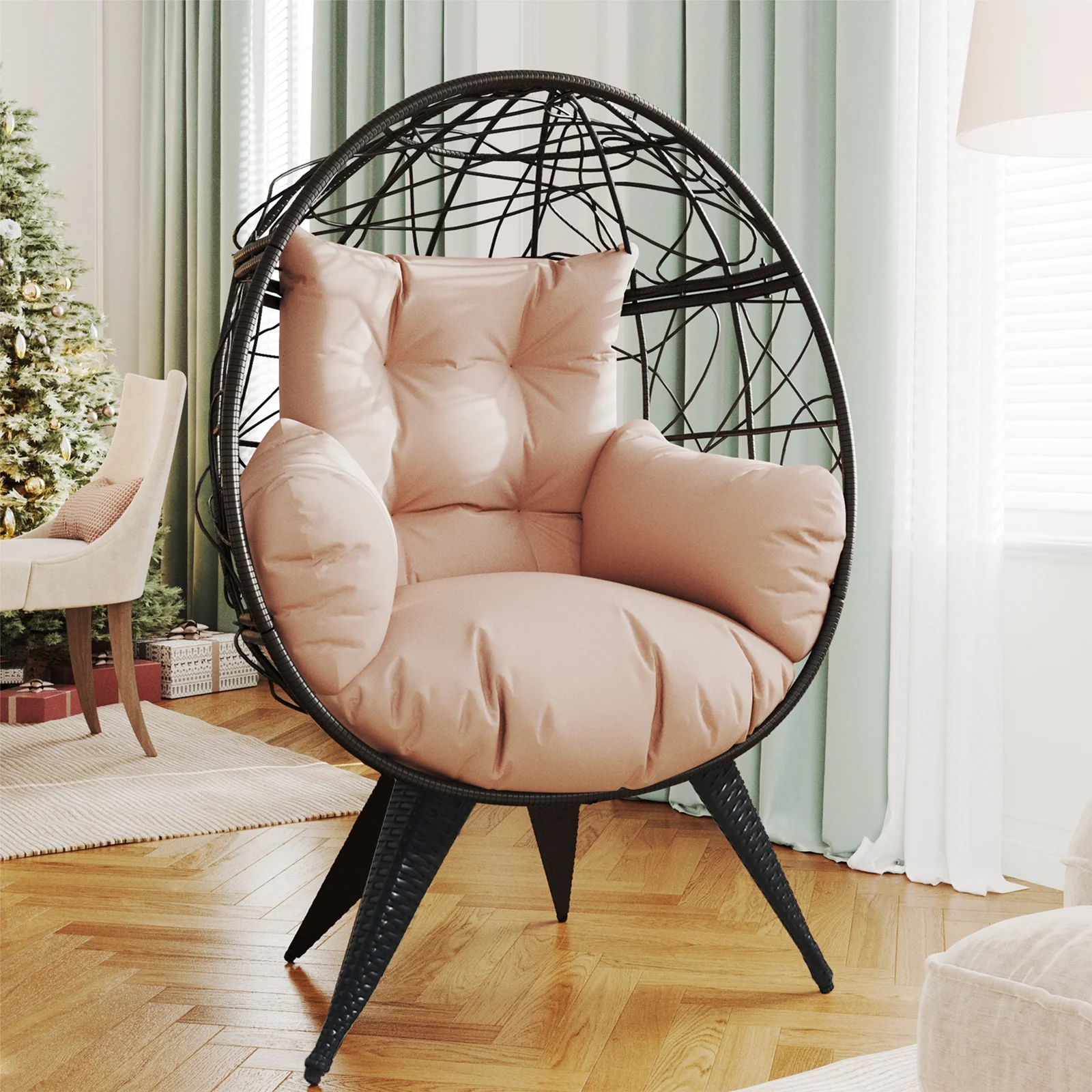 FKSLIFE Wicker Egg Chair Outdoor Indoor Oversized Egg Basket Chair with Stand Cushion for Garden Porch Backyard