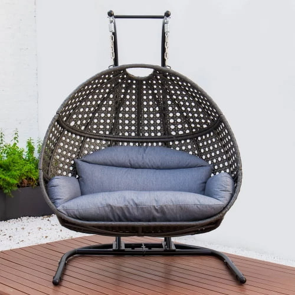 Buumin Charcoal Wicker Hanging Double-Seat Swing Chair with Stand w/Dust Blue Cushion
