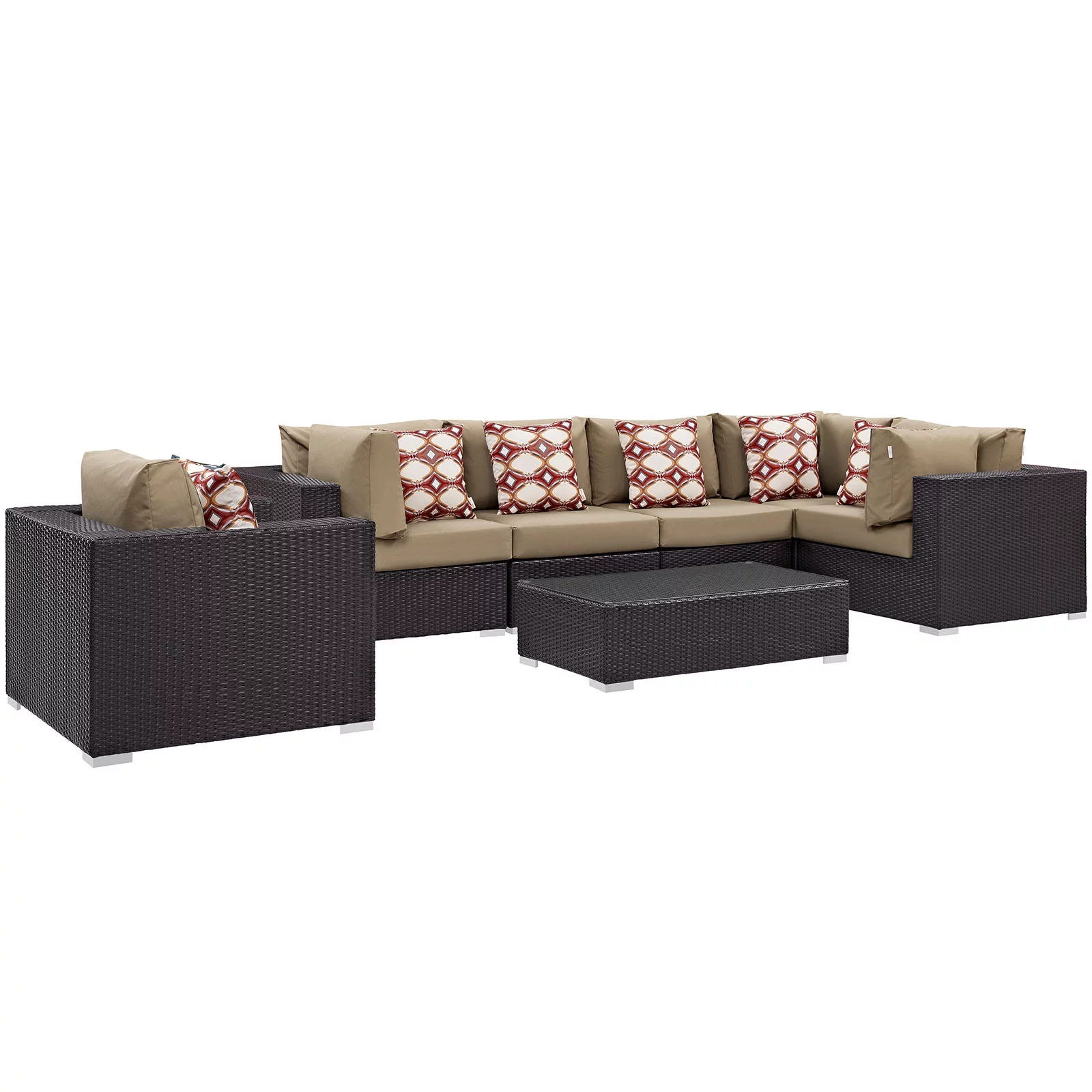 Modern Contemporary Urban Design Outdoor Patio Balcony Seven PCS Sectional Sofa Set, Brown, Rattan