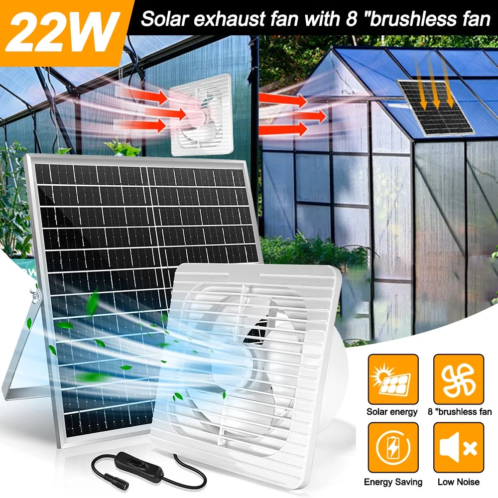 XAEIOW 22W Solar Exhaust Fan with Energy Saving, 8 Inch Brushless, Low Noise, Atmospheric Currents for Outside, Shed Ventilation, Greenhouse, Chicken Coop, Pet Houses, Garage
