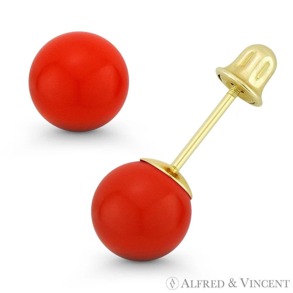 Orange Coral Ball Bell-Type Screwback Stud Earrings in 14k Yellow Gold