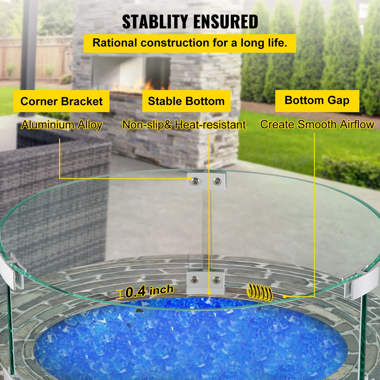 SKYSHALO Fire Pit Wind Guard, 17 x 17 x 6 inch Glass Flame Guard, Round Glass Shield, Clear Tempered Glass Flame Guard, 1/4-Inch Thick Fire Table, Steady Feet Tree Pit Guard