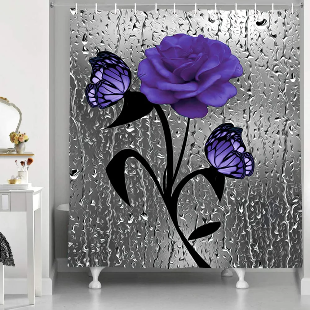 Shower Curtain - Purple Flower and Butterfly Black Flower Branch - Waterproof Polyester Bath Shower Curtain - 72 x 72 Inch