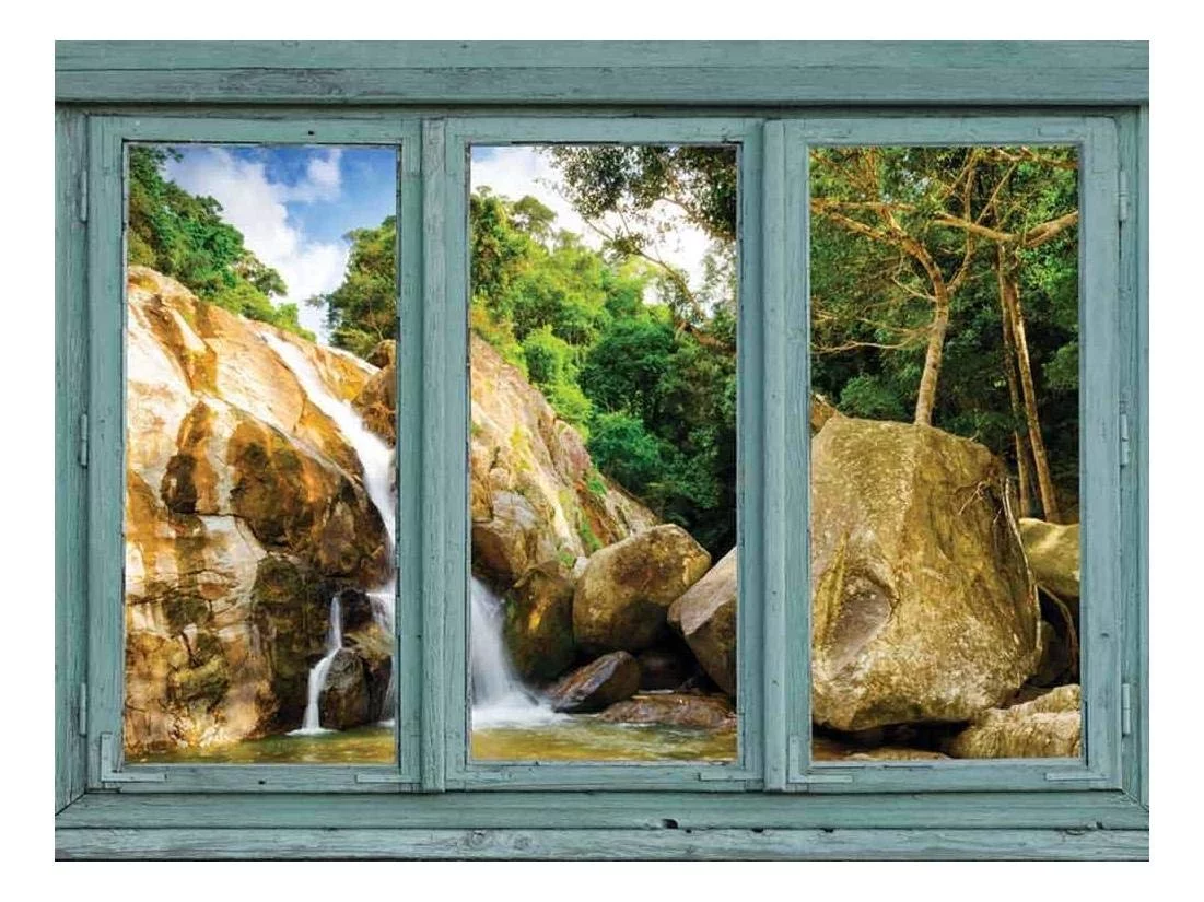 wall26 Vintage Teal Window Looking Out Into a Rocky Waterfall - Wall Mural, Removable Sticker, Home Decor - 36x48 inches