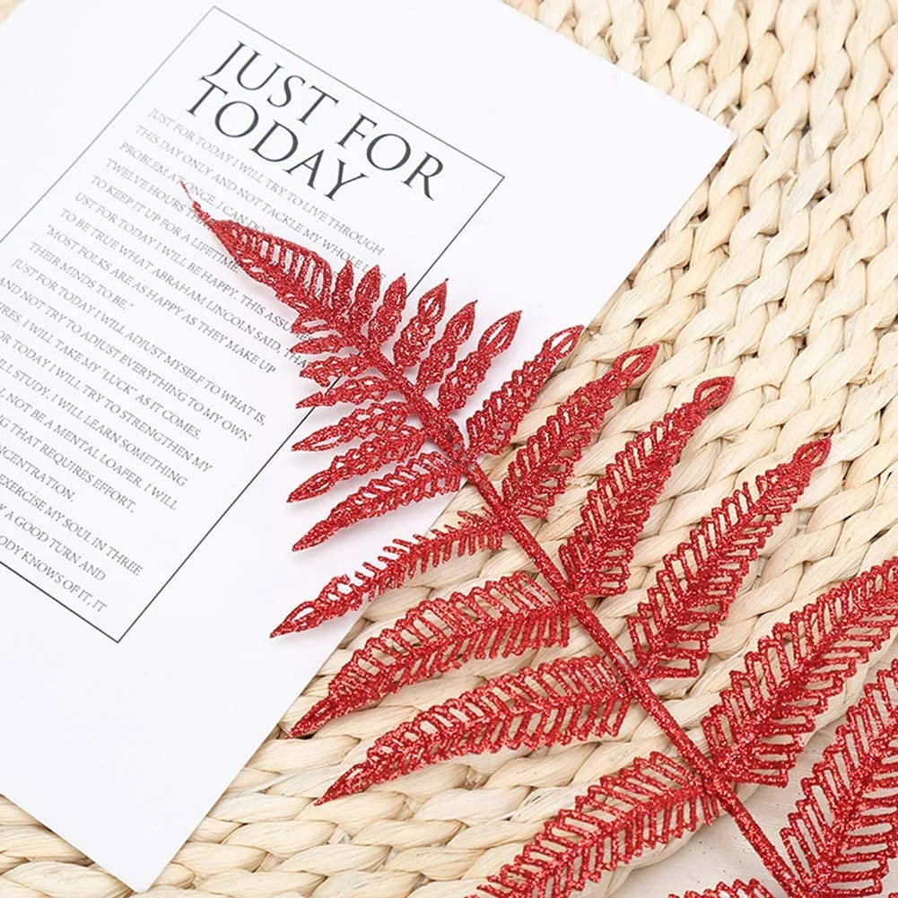 NAMZI Decorative Glitter Hollow Leaf, 10pcs Artificial Fern Plant Persian Stem Leaves Christmas Spray Ornament for Holiday Party Xmas Tree Decor （Red）