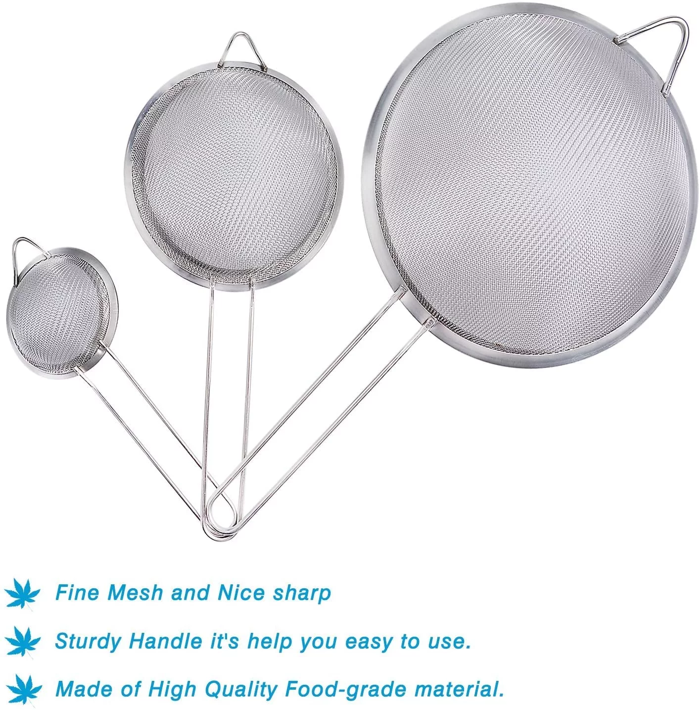 Mesh Strainers Fine Wire Kitchen Sieve Stainless Steel Kitchen Fine Sieves Strainers with Long Handles Set of 3 for Baking and Cooking Flour Quinoa Tea Juice Hot Pot, 7 cm12 cm 18 cm Sieve (3Pack)