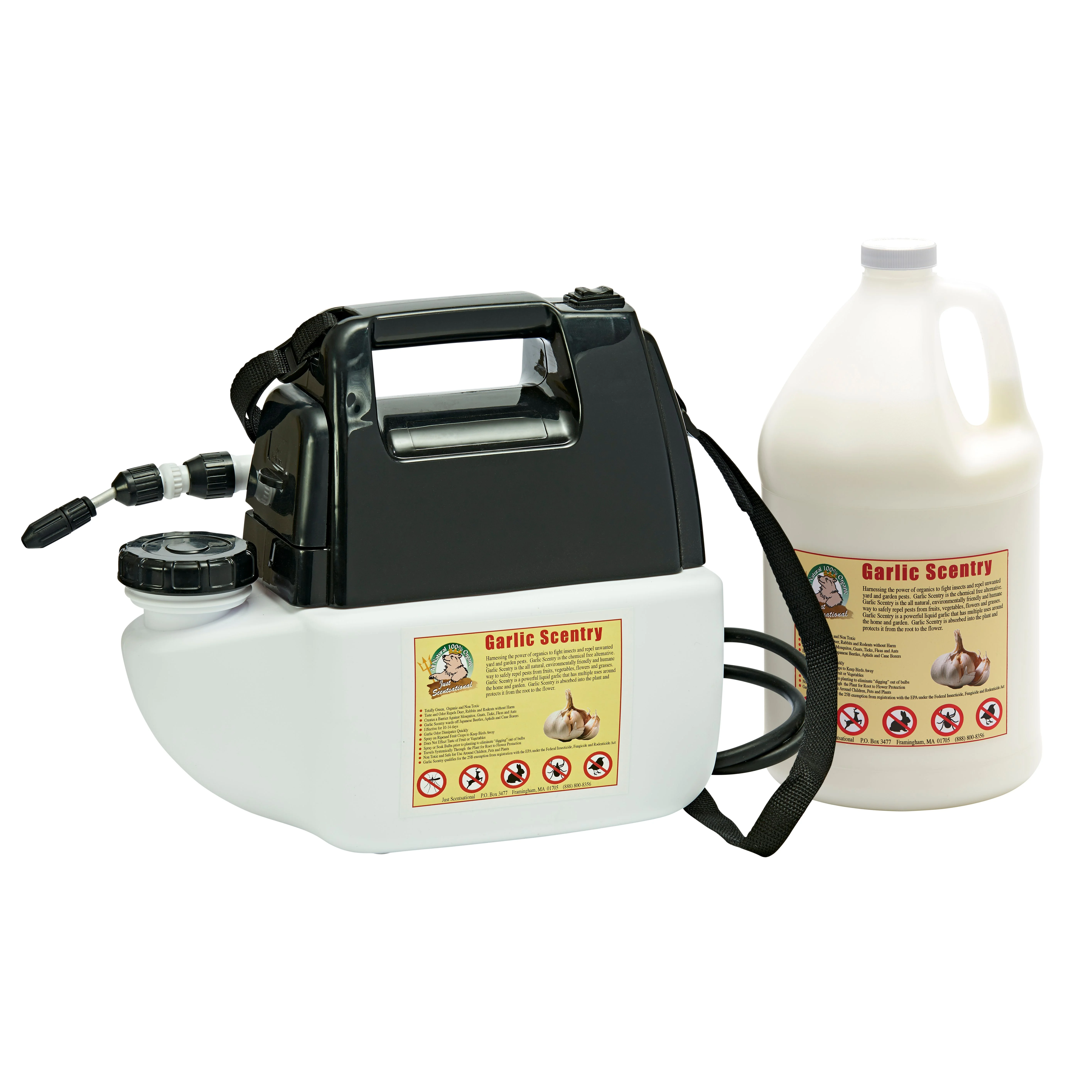 Just Scentsational Garlic Scentry One Gallon and a One Gallon Battery Operated Sprayer by Bare Ground