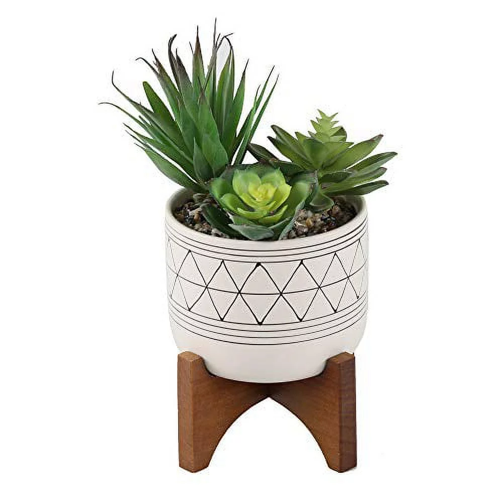 Flora Bunda EM1918E-BLK 5 in. White & Black Geometric with Wood Stand Planter