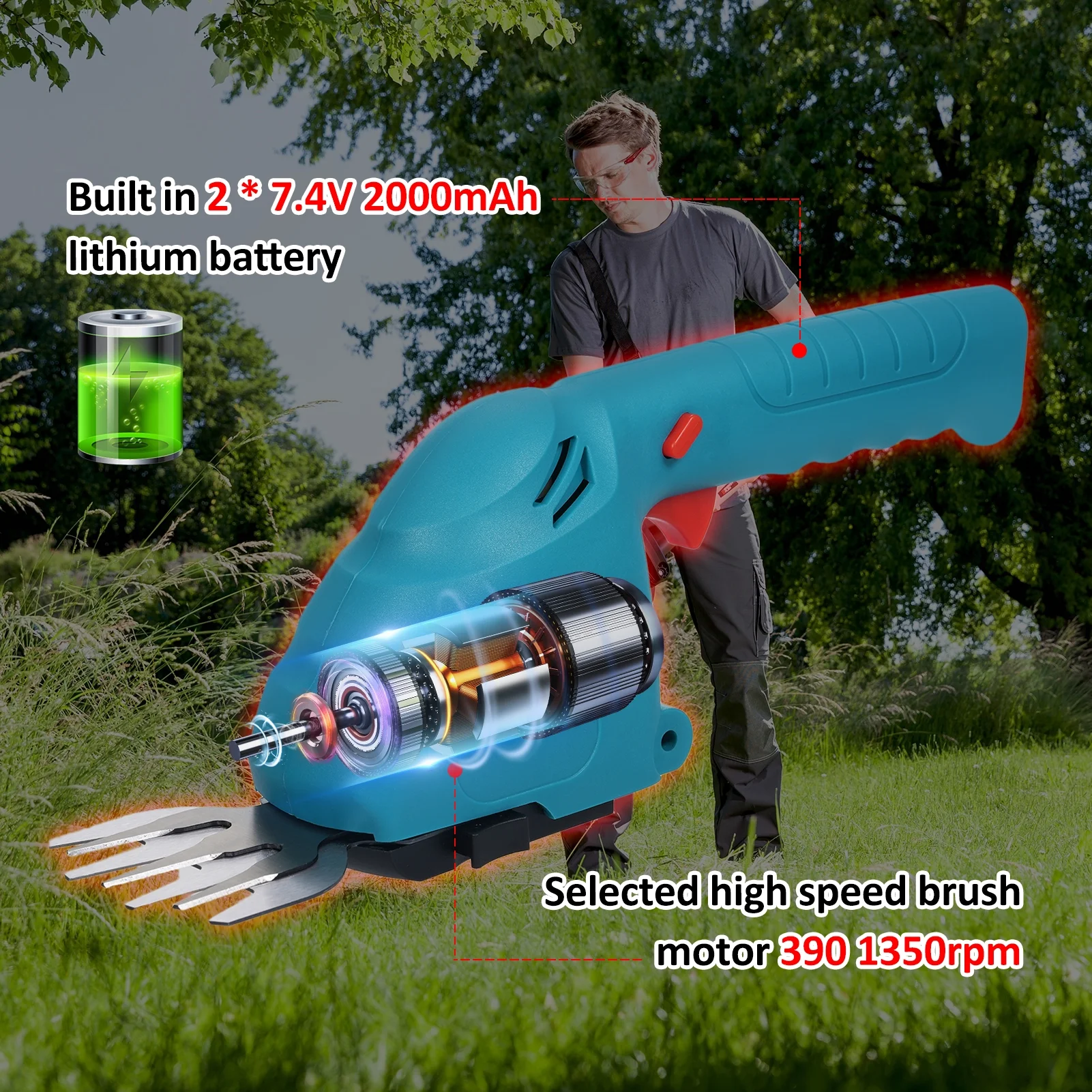 Hedge trimmer,2.0ah Battery And 5 And Bushes And Bushes With Branch And Lawn Rod And Wheel E-5 Handheld Dual-purpose Bush Built Handheld Dual-purpose Bushes With 2.0ah