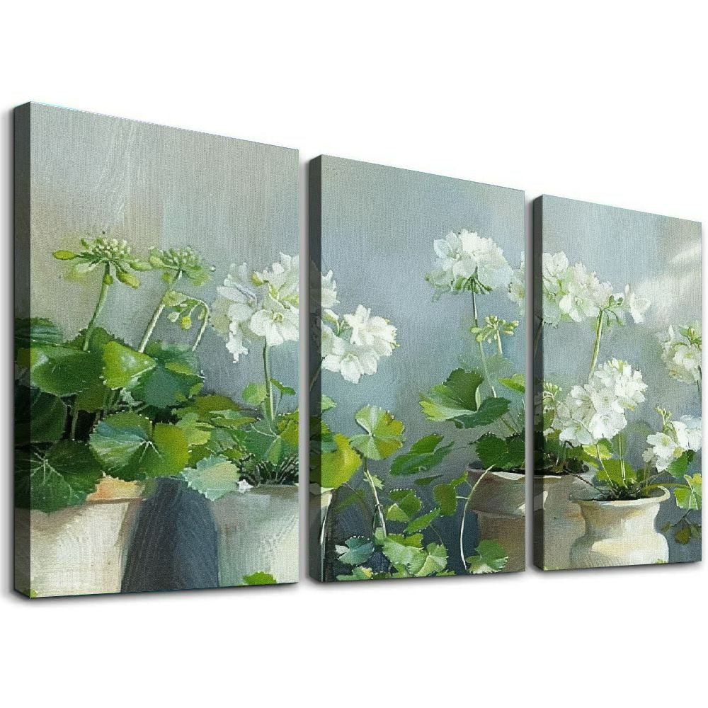 nygtbtfer Flowers Wall Art Canvas White Geraniums Art Floral Picture Green Plants in Pots Graceful Flowers Canvas Wall Art for Home Living Room Bedroom 12x16x3pcs