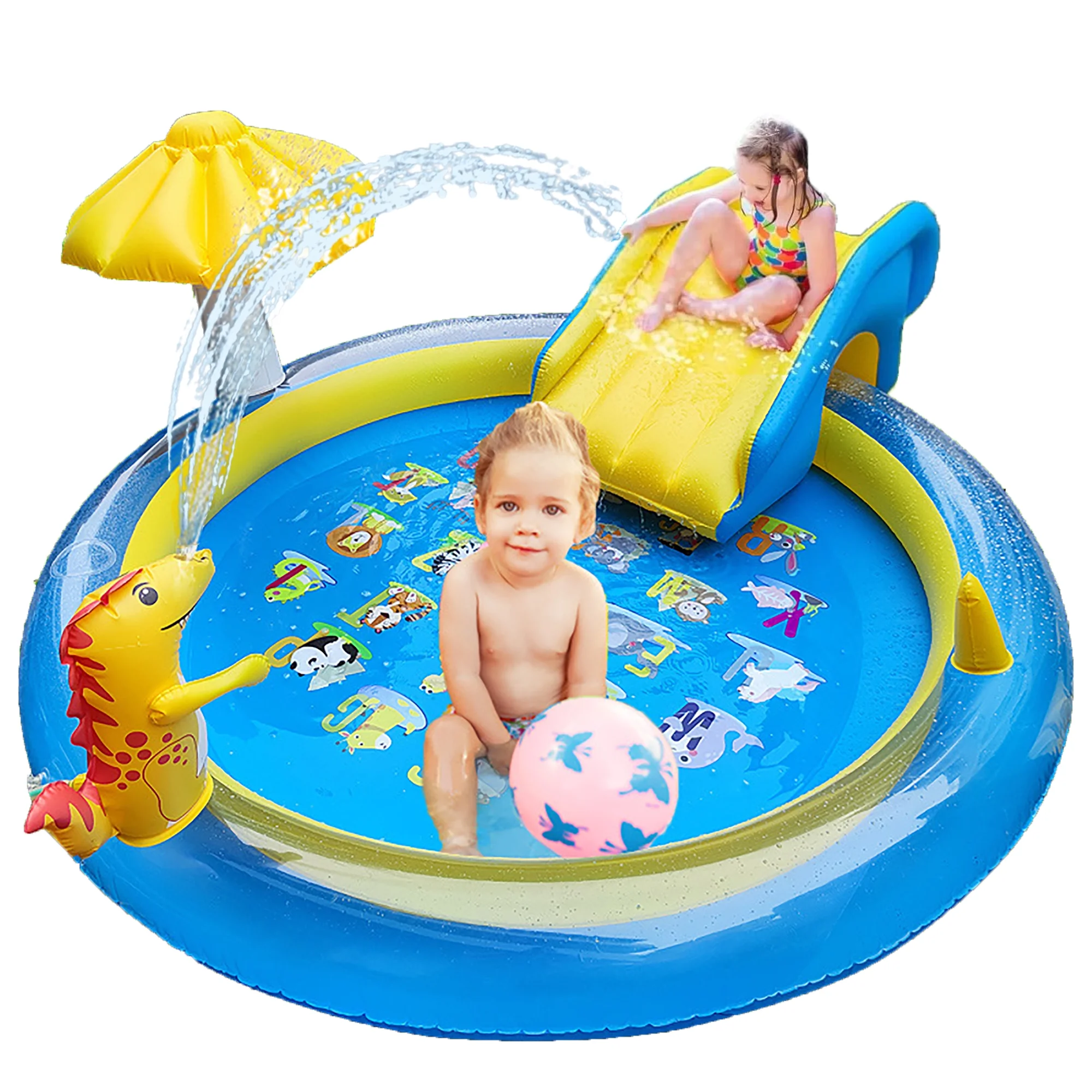 Adofi Dinosaur Inflatable Play Center, Kids Round Wading Swimming Pool with Slide, Dinosaur Sprinkle, Mushroom Shade for Kids Children Summer Outdoor Splish Splash, Garden Backyard Water Park