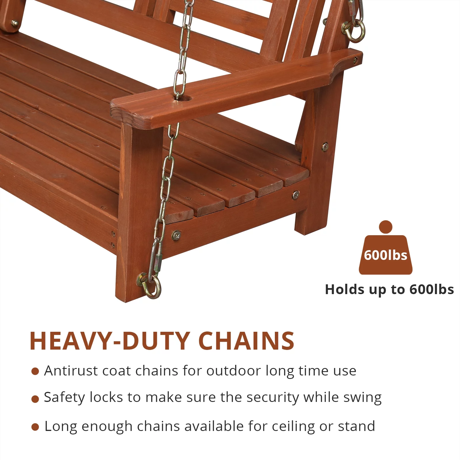 112*53*52cm  500lbs With Chain Double Wooden Swing Reddish Brown