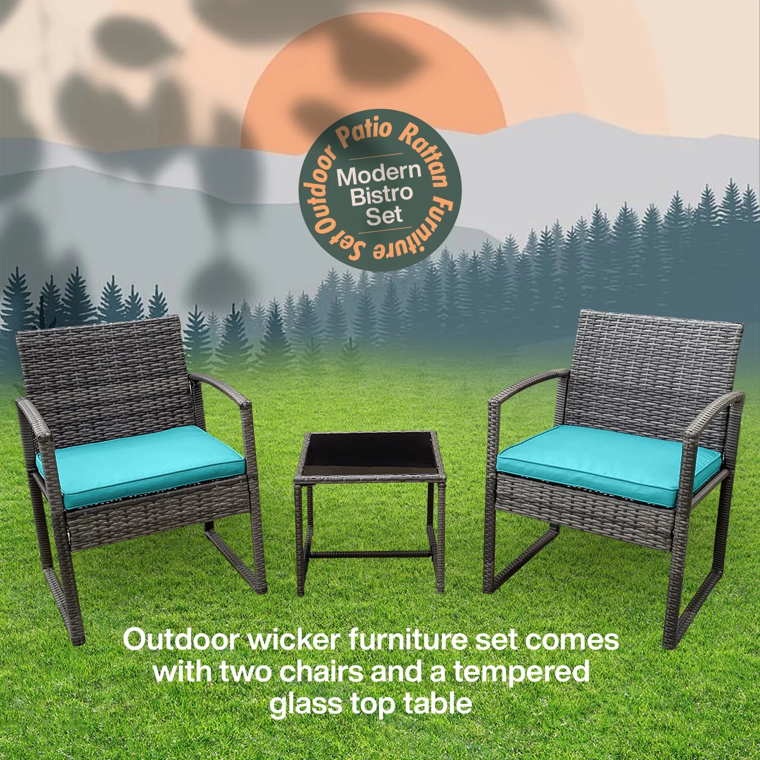 Grace 3-Piece Modern Rattan Patio Furniture Set -Two Plush Cushioned Chairs With Solid Glass Coffee Table - Light Blue