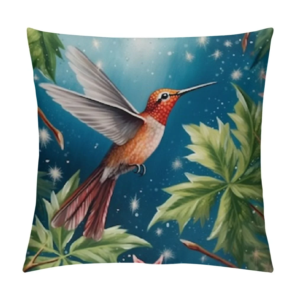 COMIO  Vintage Birds Outdoor Throw Pillow Covers Colorful Hummingbird with Tropical Leaves Summer Decorative Cushion Cases Home Décor for Couch Bed Sofa (Hum)