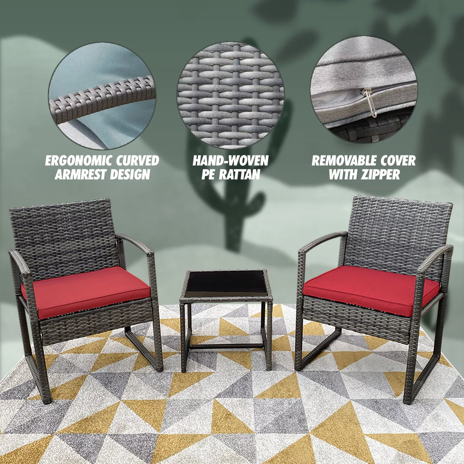 Bambina 3-Piece Stylish Rattan Bistro Furniture Set -2 Chairs With Perfect Solid Glass Tea Table - Red