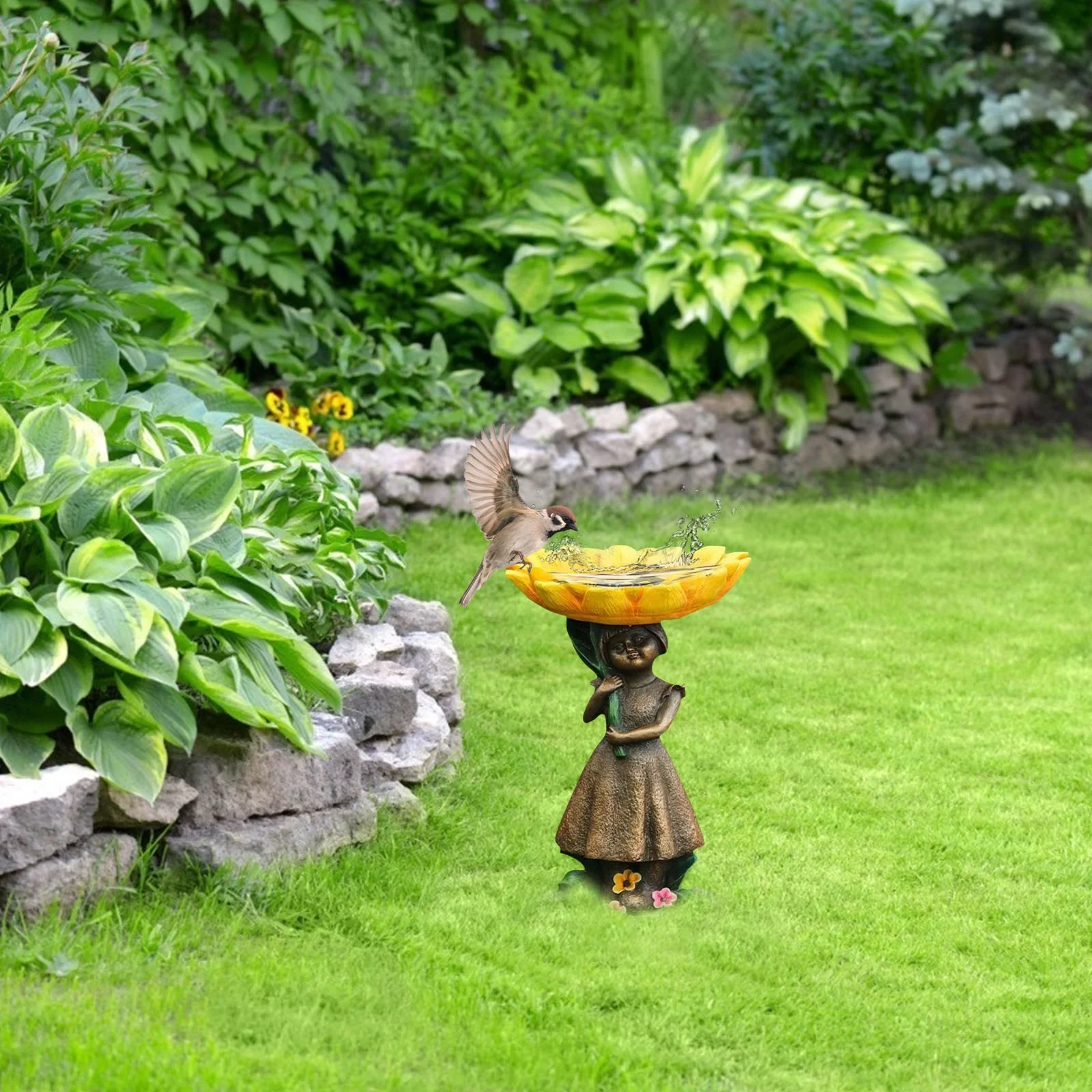 NLLSHGJ Polyresin Bird Bath for Outside with Brown Pedestal Handmade Wild Bird Feeder