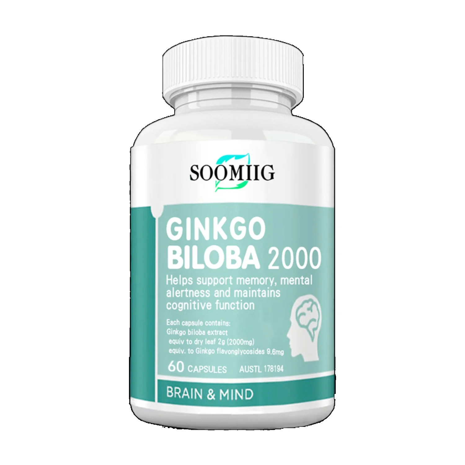 Soomiig 2000 mg Ginkgo Biloba Supplement - Supports Memory, Concentration and Cognitive Function - 30/60/120 Capsules